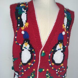 Excellent Village Peddler Christmas Penguins Embroidered Sweater Size XL